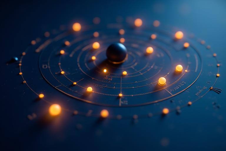Stilisierte, animierte Grafik eines Geburtshoroskops mit Planeten in präzisen Positionen